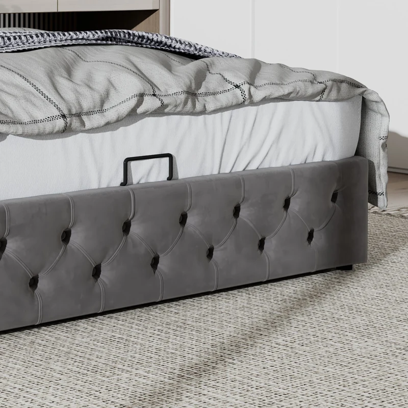 Cama tapizada con cajón hidráulico y somier, sin colchón, 140×200 cm, Gris
