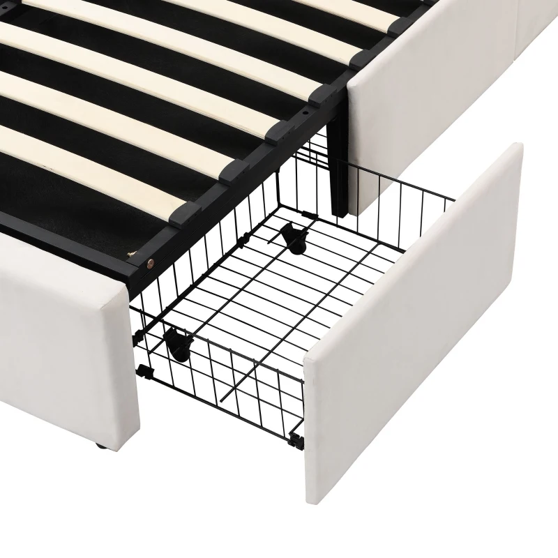 Cama tapizada con canapé hidráulico y tres cajones, somier con cabecero, sin colchón, 140x200 cm, Blanco