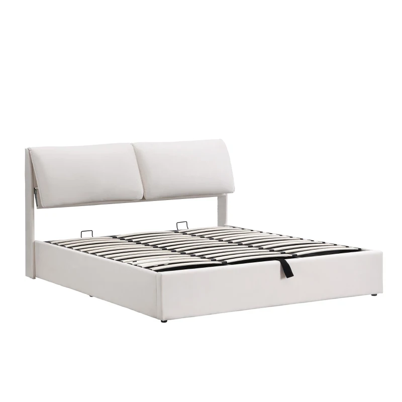 Lit rembourré avec coffre de rangement hydraulique et trois tiroirs, sommier à lattes, sans matelas, 180×200 cm, Blanc