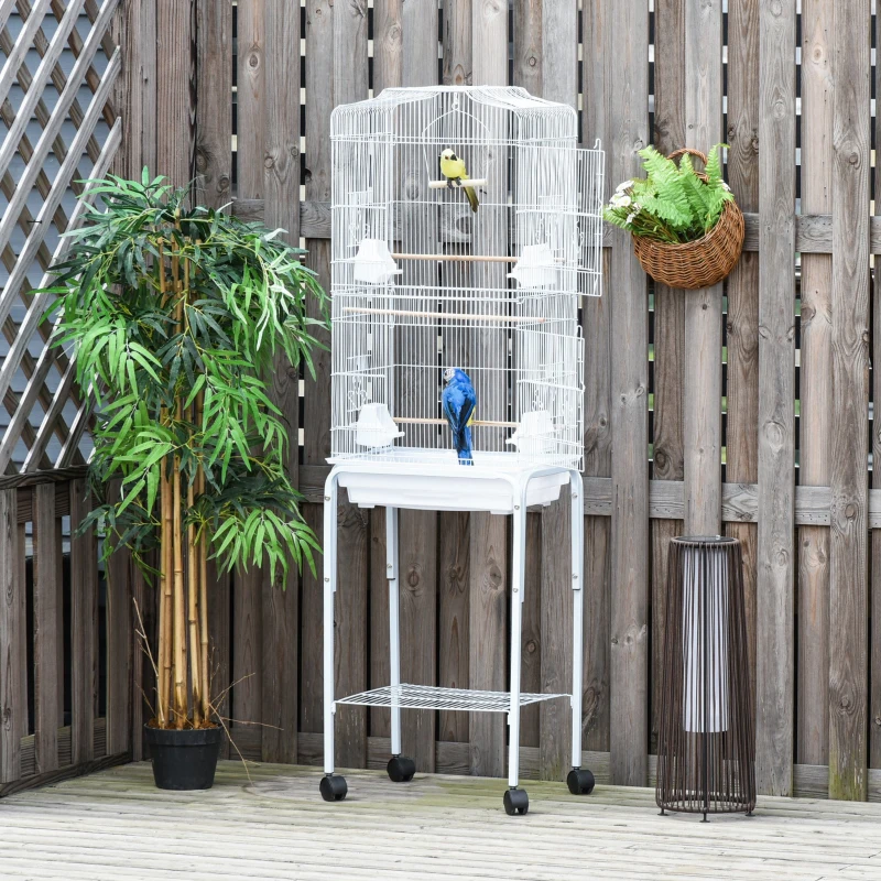 PawHut Gaiola para Passáros com Suporte  com 4 Rodas Portas 4 Comedouros 3 Poleiros e Bandeja Removível 46,5x36x157cm Branco