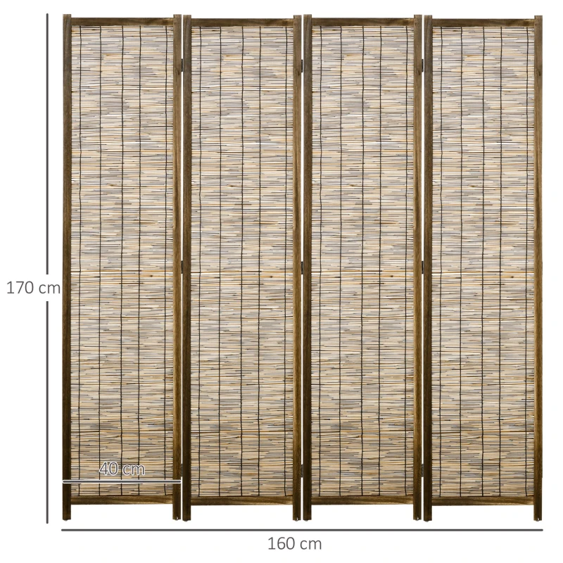 HOMCOM Biombo de 4 Painéis Separador de Ambientes Dobrável 160x1,8x170 cm Divisor de Ambientes de Madeira e Caniço Madeira