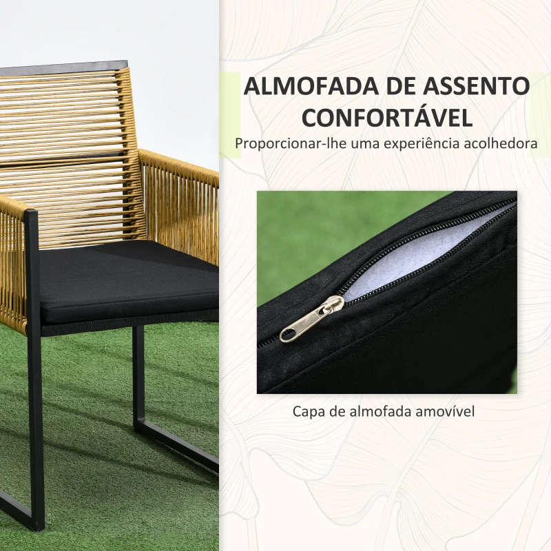 Outsunny Conjunto de 3 Peças de Jardim com 2 Cadeiras de Vime com Encosto Dobrável e Almofadas e Mesa de Vidro Natural e Preto