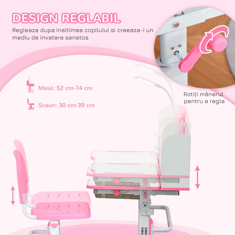 HOMCOM Set Bancă și Scaun pentru Copii 6-12 Ani, Reglabile pe Înălțime cu Blat Înclinabil la 45°, 80x54,5x82-104 cm, Roz