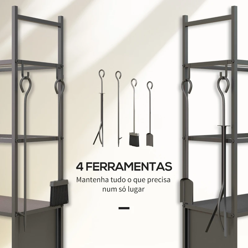 Outsunny Suporte para Lenha com Rodas de 4 Níveis com Pá Escova Atiçador e Tenaz para Interior e Exterior 45x30x118 cm Preto