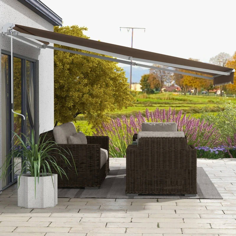 Outsunny Toldo Manual Retrátil 350x250 cm para Varanda com Manivela de Metal Impermeável e Anti-UV para Jardim Janelas Marróm