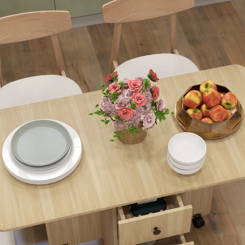 HOMCOM Mesa de Jantar Dobrável com Rodas Mesa Abatível com 2 Gavetas e Armário Mesa Auxiliar Multifuncional 120x60x76,5 cm Madeira