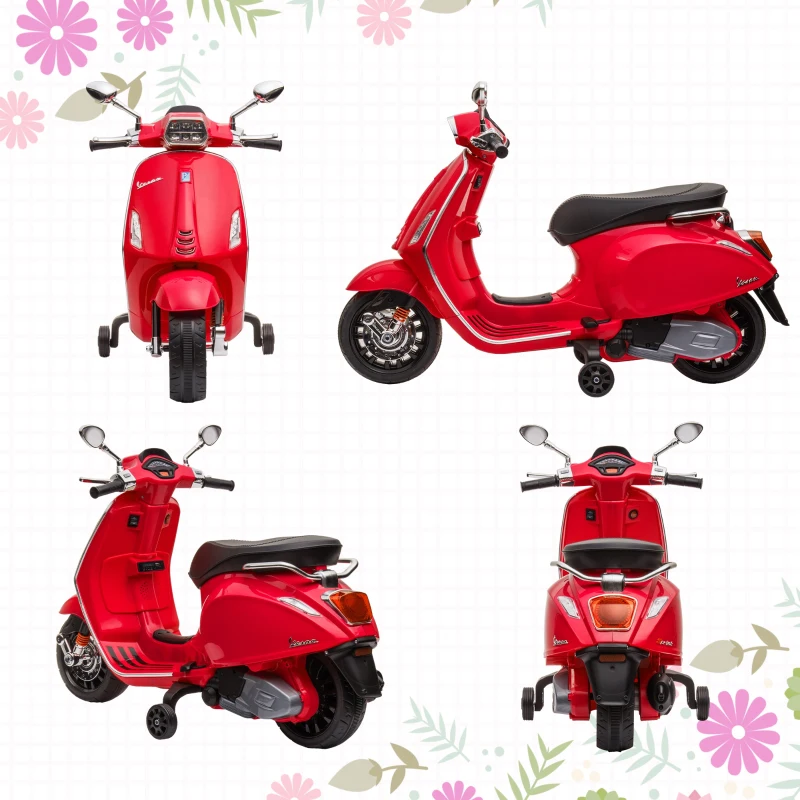 AIYAPLAY Moto Elétrica para Crianças de 3-6 Anos com Licença Vespa com USB MP3 Luz LED Rádio FM Velocidade 3 km/h Vermelho
