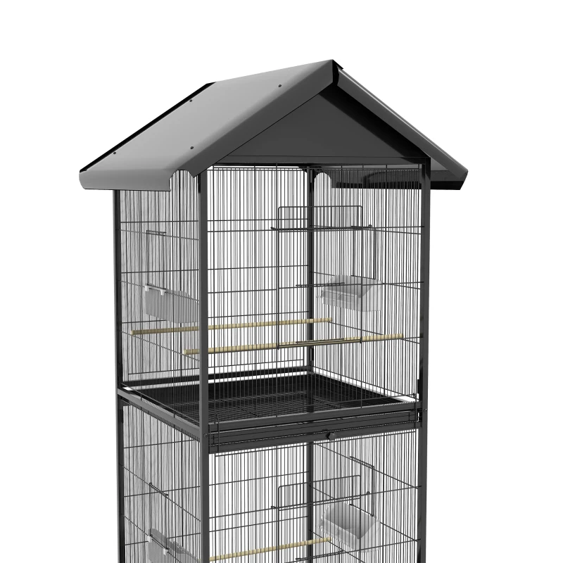 PawHut Gaiola para Pássaros Convertível em Somente Uma com Rodas 4 Comedouros e 4 Poleiros e Bandejas Amovíveis 78x75x168 cm Preto