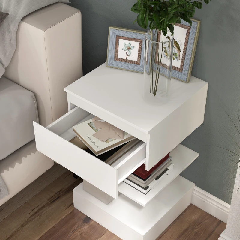 HOMCOM Mesa de Cabeceira Mesa Auxiliar com 1 Gaveta e 2 Prateleiras Abertas para Quarto Sala Estilo Moderno 39x39x65 cm Branco