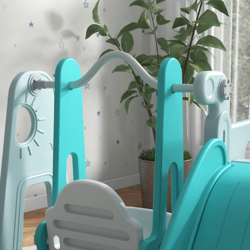 AIYAPLAY Conjunto de Escorrega e Baloiço para Crianças 6 em 1 com Buzina e Cesta de Basquetebol 201x151x87,5 cm Azul Claro