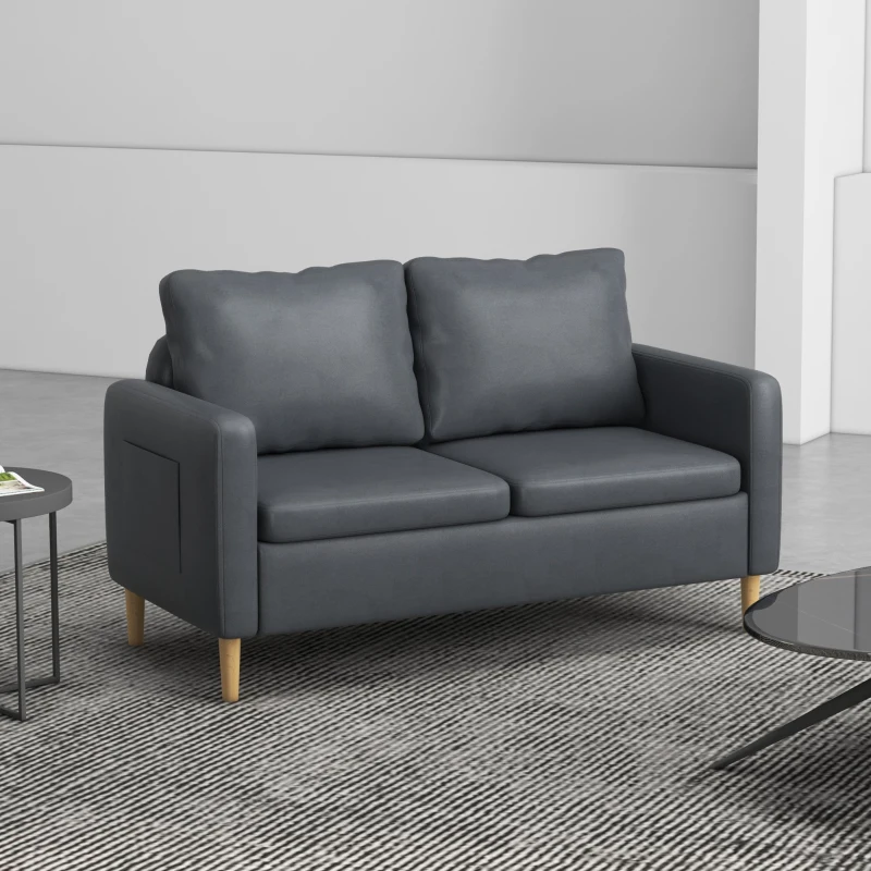 HOMCOM Sofá de 2 Lugares Estofado em Poliéster com 2 Bolsos Laterais Apoio para os Braços e Pés de Madeira 143x76x83 cm Cinza