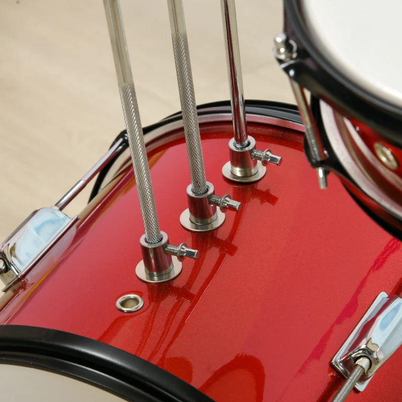 AIYAPLAY Bateria para Crianças de +3 Anos com Banco Ajustável Tambores Bombo Prato Pedal e Baquetas 80x60x48-65 cm Vermelho