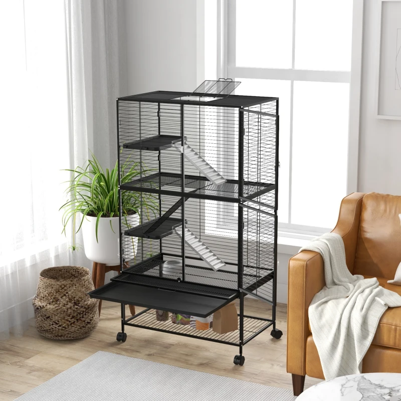 PawHut Gaiola para Animais Pequenos de 4 Níveis com Rodas Rampa Comedouro Bebedouro e Bandeja Removível 78x45,5x136 cm Preto