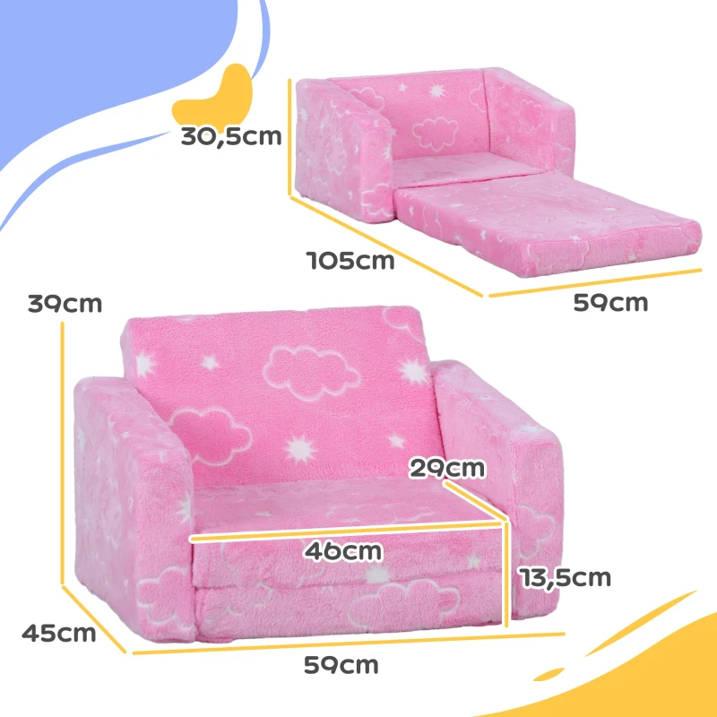 AIYAPLAY Poltrona para Crianças Dobrável e Reclinável Sofá para Crianças Estofado em Tecido Luminoso com Desenho de Nuvens Rosa