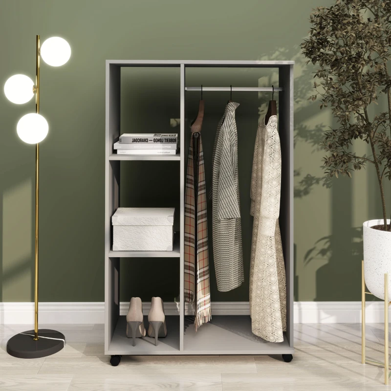 HOMCOM Open Wardrobe on Wheels, Bedroom Wardrobe with Clothes Hanging Rail, 3 Storage Shelves, Mobile Garment Rack for Cloakroom, Hallway, Grey