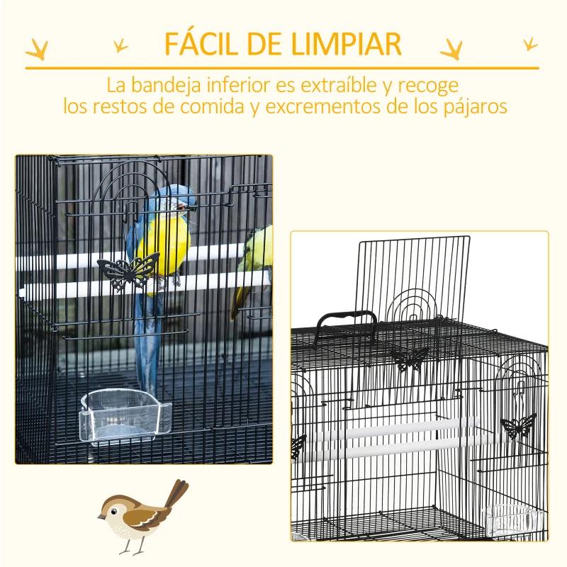 PawHut Gaiola para Pássaros 60x41x41cm Gaiola com 2 Poleiros e 3 Portas para Pássaros Pequenos Canários Preto