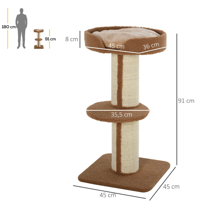 PawHut Arranhador para Gatos Altura 91 cm de 3 Níveis com Ninho Plataforma e Poste de Sisal 45x45x91 cm Marrom Claro