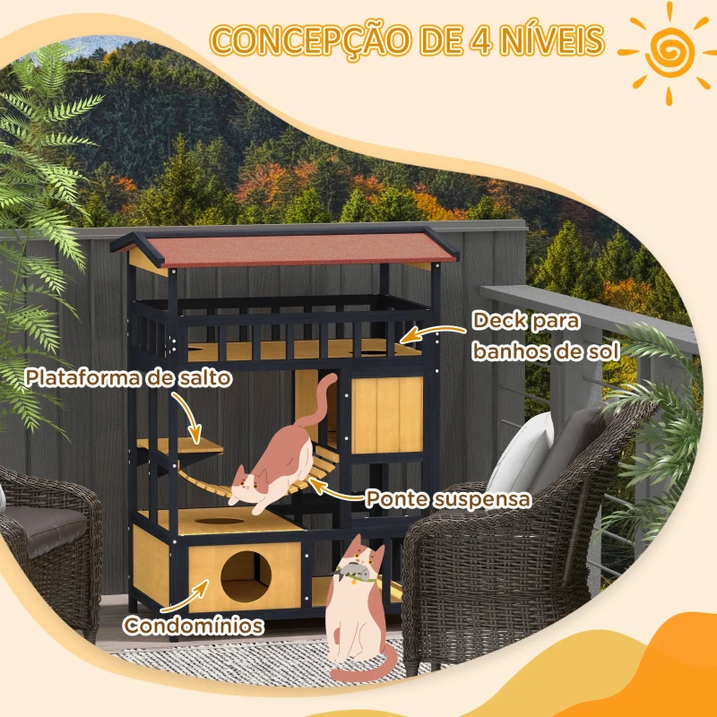 PawHut Casa para Gatos de Madeira 84x60x116 cm Abrigo para Gatos de 4 Níveis para Exterior com Ponte Suspensa Varanda Natural