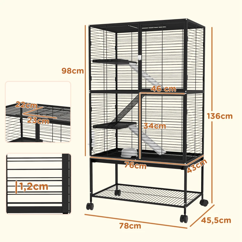 PawHut Gaiola para Animais Pequenos de 4 Níveis com Rodas Rampa Comedouro Bebedouro e Bandeja Removível 78x45,5x136 cm Preto