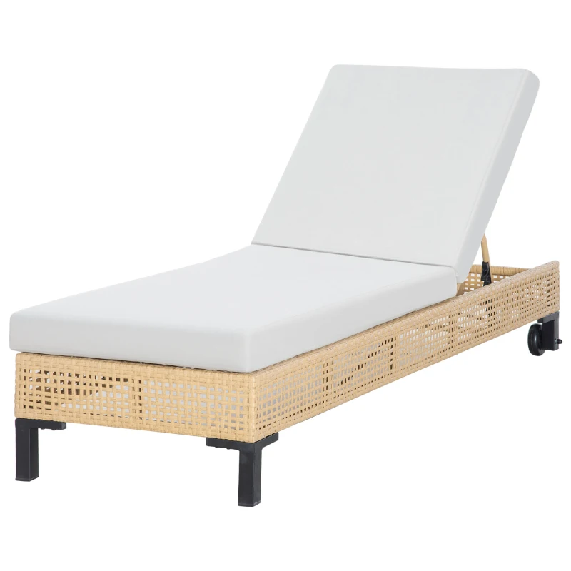 Outsunny Espreguiçadeira de Vime de Jardim Chaise Longue com Encosto Ajustável em 3 Posições Almofada Acolchoada e 2 Rodas para Terraço Exterior Aço 65x200x31cm Natural e Bege