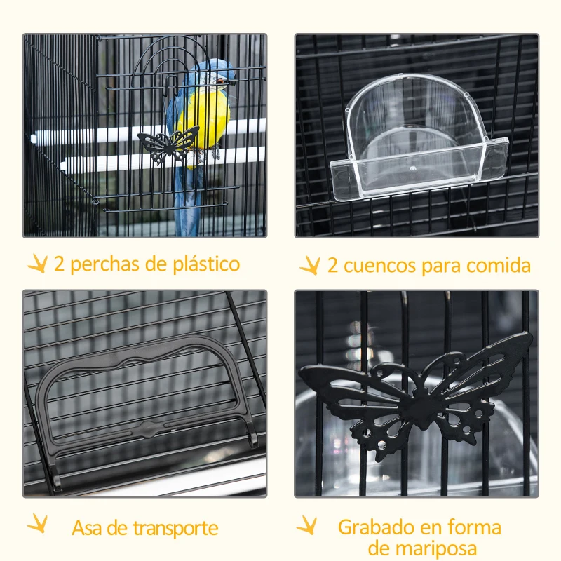 PawHut Gaiola para Pássaros 60x41x41cm Gaiola com 2 Poleiros e 3 Portas para Pássaros Pequenos Canários Preto