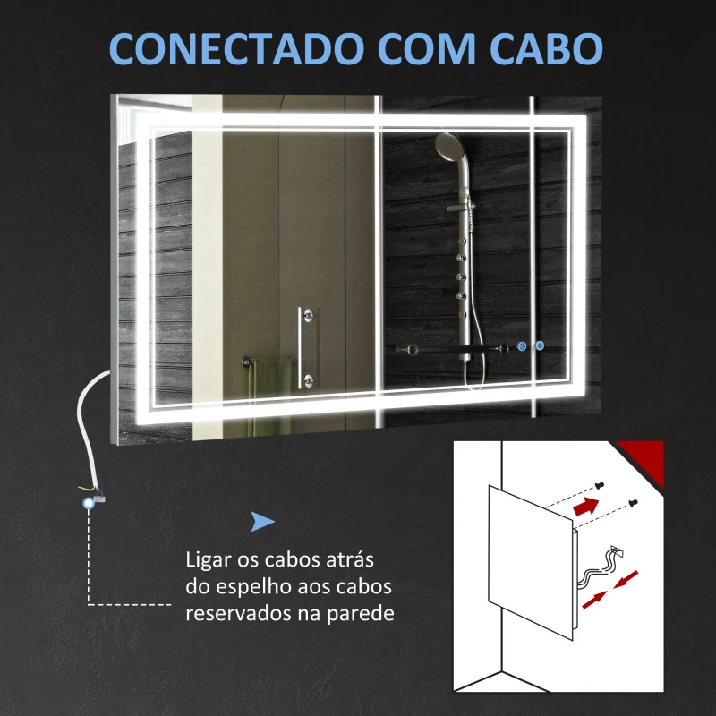 kleankin Espelho Casa de Banho com Luz LED com Interruptor Tátil 3 Luzes Ajustáveis Função de Memória 100x60cm Prata