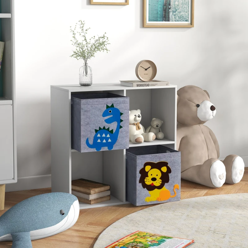 ZONEKIZ Estante para Brinquedos com 6 Compartimentos e 3 Caixas de Tecido não Tecido e Desenho de Animais 61,8x29,9x61,8 cm Branco e Cinza