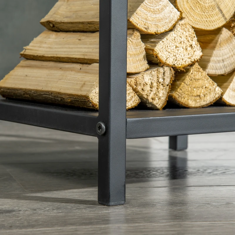 Outsunny Suporte para Lenha Estante para Lenha Lenheiro de Exterior com Ganchos Pá Escova Atiçador e Tenaz Carga 60 kg 34x34x111 cm Preto