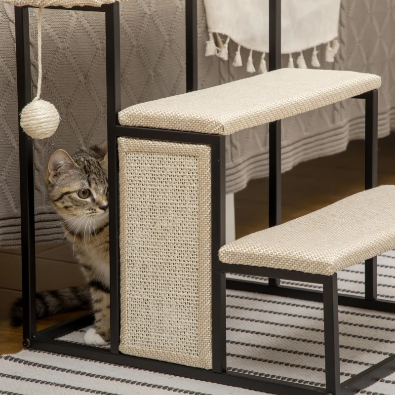 PawHut Escada para Cães com 3 Degraus Bola Suspensa Painel para Arranhar e Estrutura de Aço 47x45x47 cm Creme e Preto