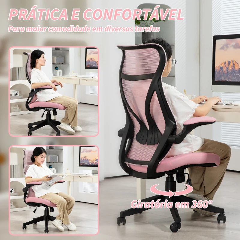 HOMCOM Cadeira de Escritório Giratória com Altura Ajustável Apoio para os Braços Dobráveis e Função Basculante 66x66x113-121 cm Rosa