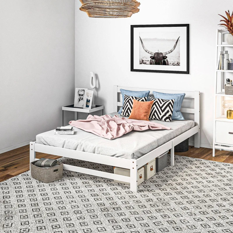 HOMCOM Estrutura de Cama de Madeira Estrado de Cama de Casal para Colchão 190x135 cm Carga 300 kg 195x141x80 cm Branco
