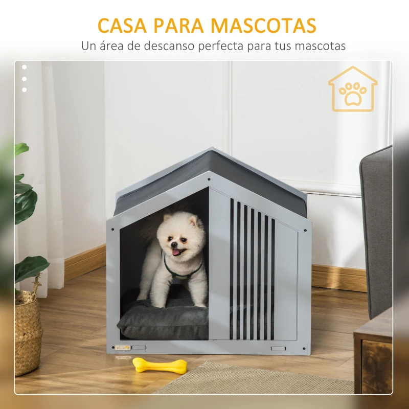PawHut Caseta de Madera para Perros Pequeños Caseta para Mascotas Interior con Cojín Acolchado Grueso Cobertura de Tela Oxford Extraíble y Ventilaciones 60x43x55 cm Gris