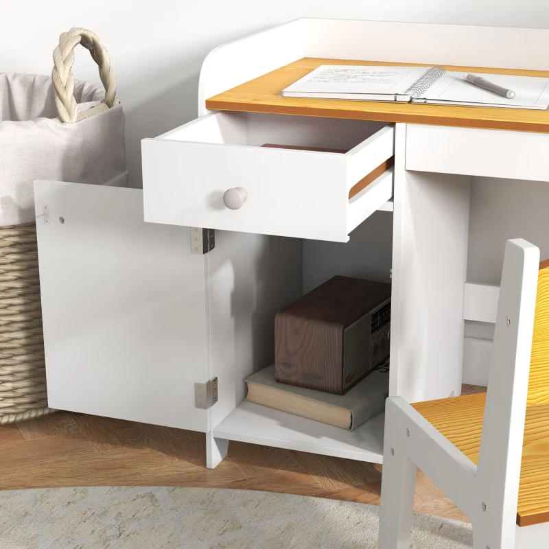 ZONEKIZ Conjunto de Secretária e Cadeira para Crianças Conjunto Infantil de 2 Peças com Gaveta e Armário para Quarto Branco e Natural