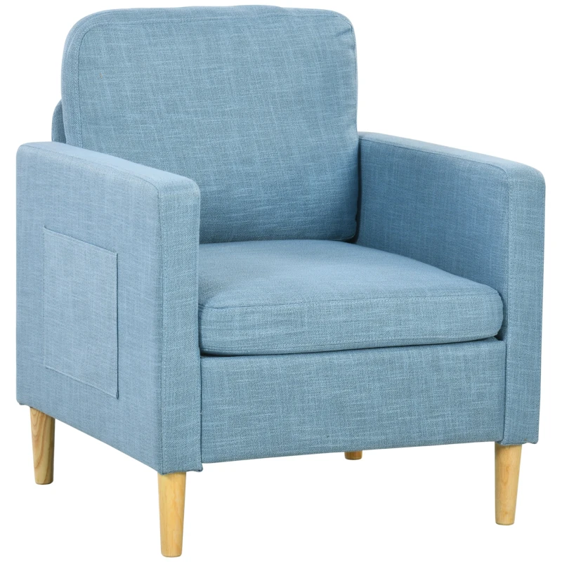 HOMCOM Poltrona Sala de Estar Poltrona Relax com 2 Bolsos Laterais Apoio para os Braços Pés de Madeira 73x79x87 cm Azul