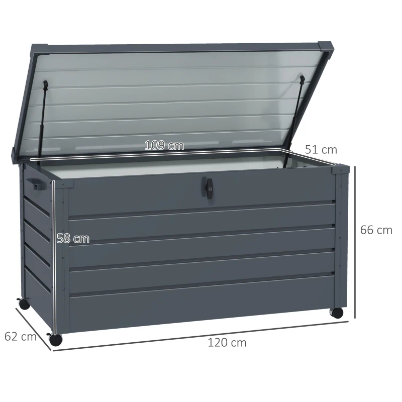 Outsunny Baú de Exterior 311 L Baú de Armazenamento de Aço Galvanizado com 1 Fechadura para Jardim 120x62x66 cm Cinza Escuro