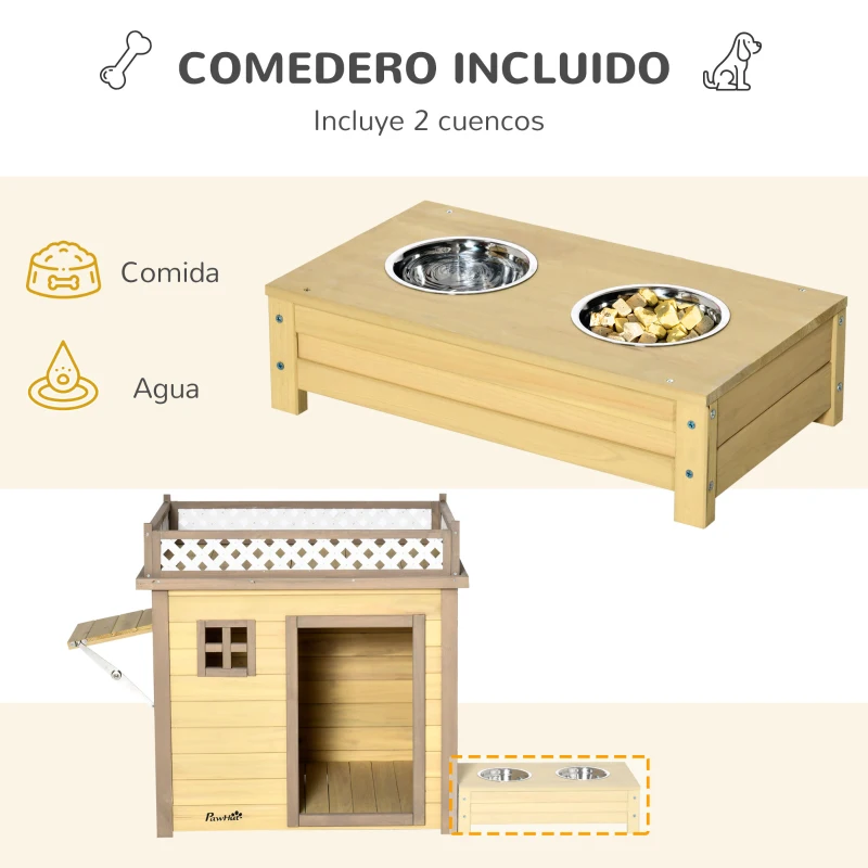 PawHut Casa para Perros de Madera Caseta para Perros Pequeños con 2 Ventanas Comedero 2 Cuencos de Acero Inoxidable y Mesa de Cultivo para Interior Exterior 105x65x80 cm Natural