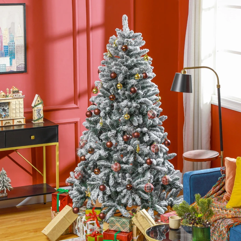 HOMCOM Árvore de Natal Artificial Nevado 210cm com 1021 Ramos e Suporte de Metal Árvore Natalina Nevado para Interior Verde