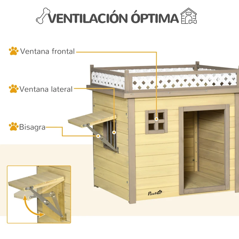 PawHut Casa para Perros de Madera Caseta para Perros Pequeños con 2 Ventanas Comedero 2 Cuencos de Acero Inoxidable y Mesa de Cultivo para Interior Exterior 105x65x80 cm Natural
