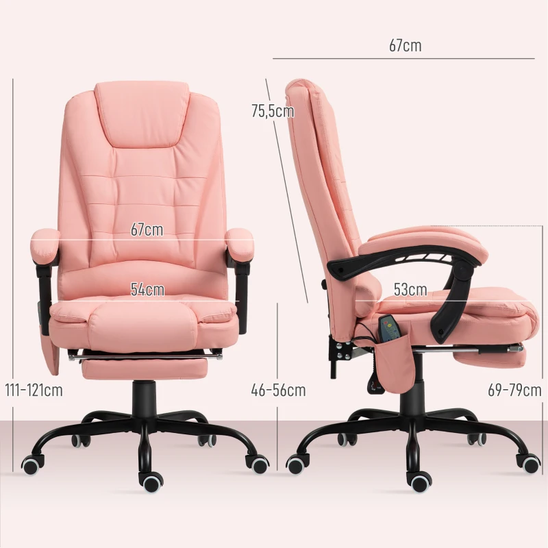 Vinsetto Massage Bureaustoel, 7 Vibratiepunten, Verstelbare Voetensteun & Rugleuning, tot 120 kg, Lederlook, Roze(m-3)