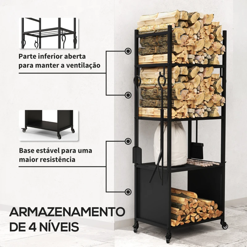 Outsunny Suporte para Lenha com Rodas de 4 Níveis com Pá Escova Atiçador e Tenaz para Interior e Exterior 45x30x118 cm Preto