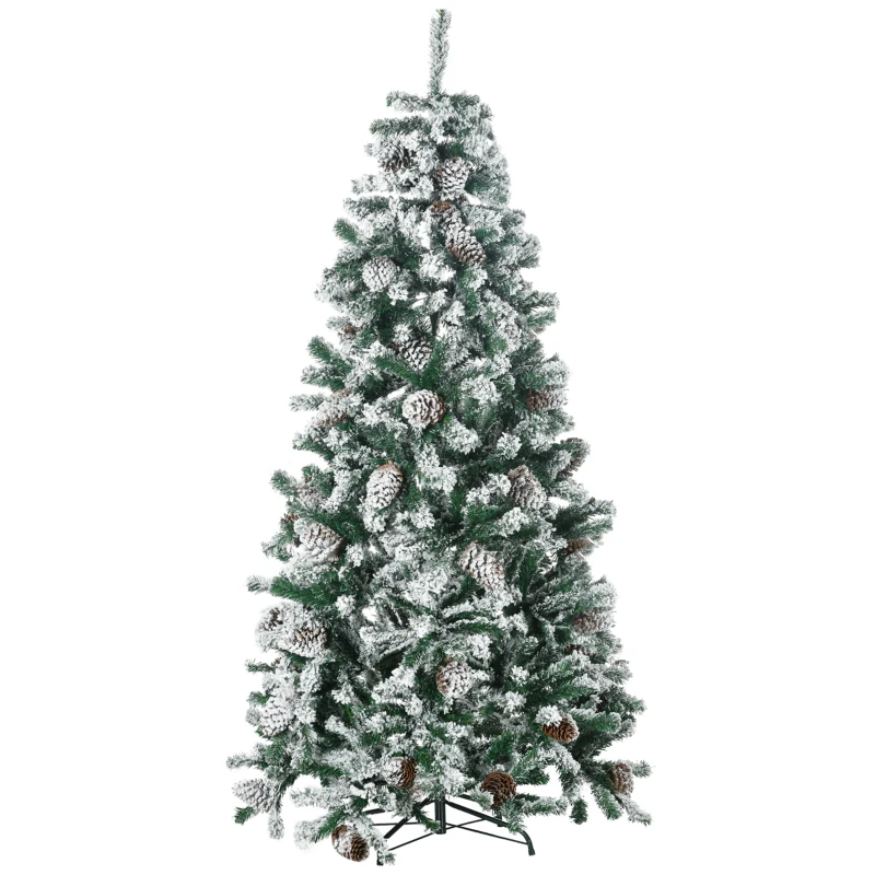 HOMCOM Árvore de Natal Artificial Altura 180 cm Árvore Nevada com 695 Ramos 57 Pinhas e Base de Aço Dobrável Ø104x180 cm Verde