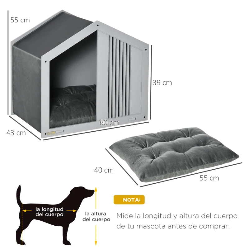 PawHut Caseta de Madera para Perros Pequeños Caseta para Mascotas Interior con Cojín Acolchado Grueso Cobertura de Tela Oxford Extraíble y Ventilaciones 60x43x55 cm Gris