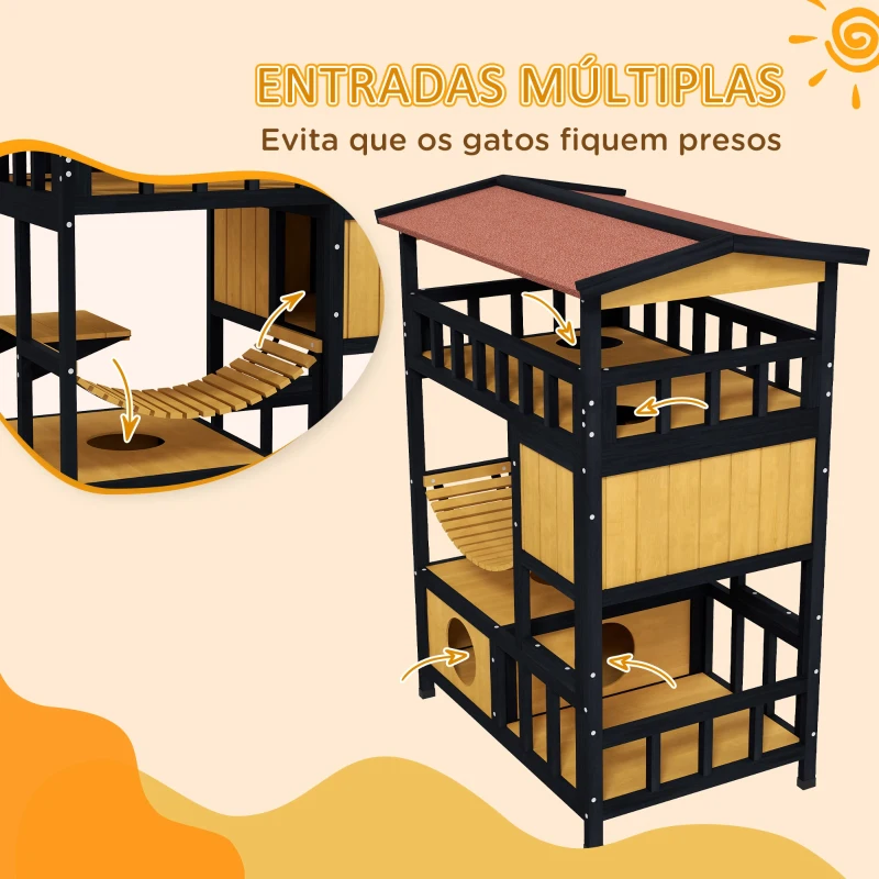 PawHut Casa para Gatos de Madeira 84x60x116 cm Abrigo para Gatos de 4 Níveis para Exterior com Ponte Suspensa Varanda Natural