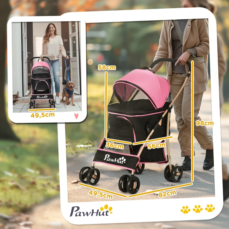 PawHut Carrinho para Animais de Estimação 3 em 1 Dobrável com Bolsa de Transporte Cesta de Armazenamento e Travão 82x49,5x98 cm Rosa