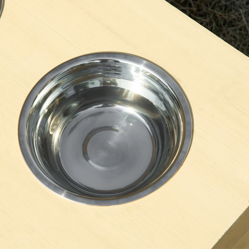 PawHut Casa para Perros de Madera Caseta para Perros Pequeños con 2 Ventanas Comedero 2 Cuencos de Acero Inoxidable y Mesa de Cultivo para Interior Exterior 105x65x80 cm Natural