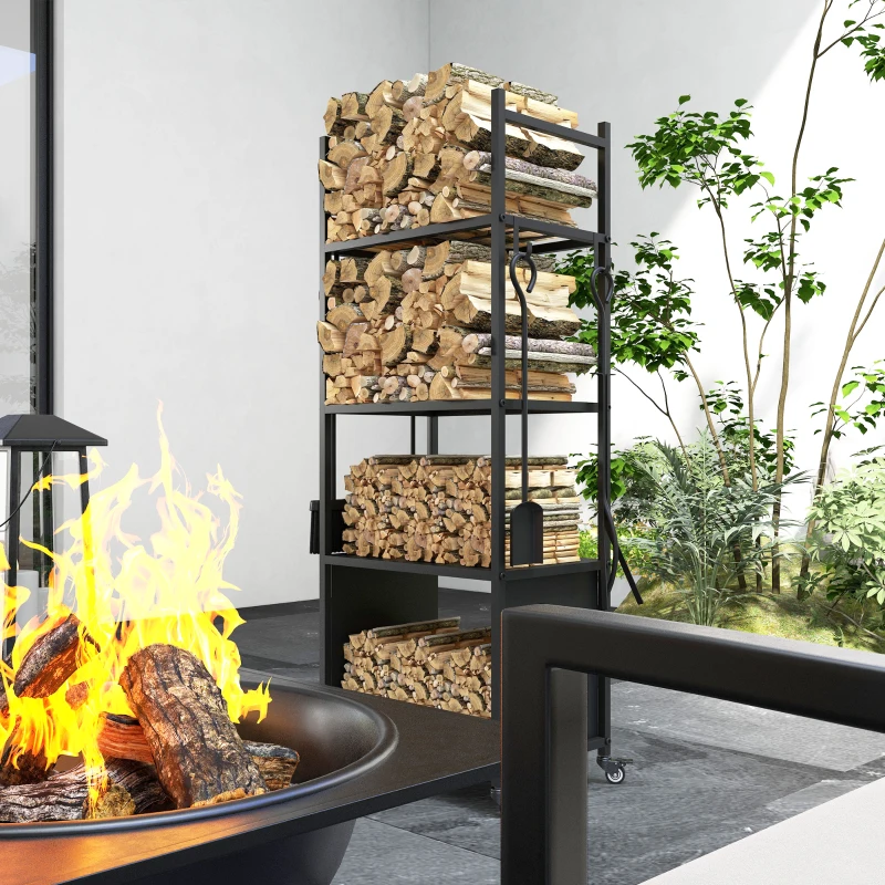 Outsunny Suporte para Lenha com Rodas de 4 Níveis com Pá Escova Atiçador e Tenaz para Interior e Exterior 45x30x118 cm Preto