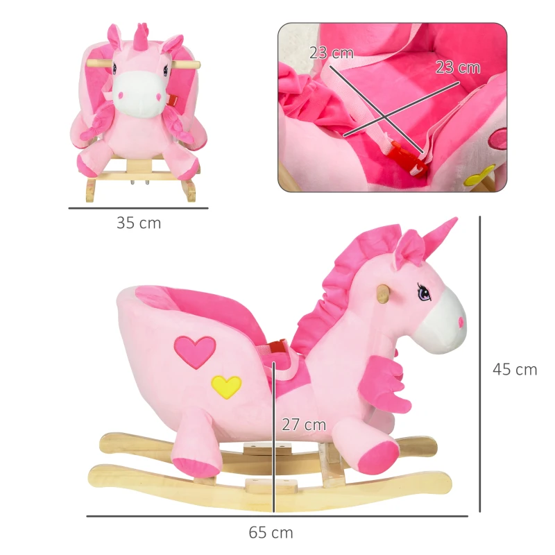HOMCOM Cavalo Baloiço para Bebés Baloiço em Forma de Unicornio com Música Cinto de Segurança e Apoio para os Pés 65x35x45 cm Rosa