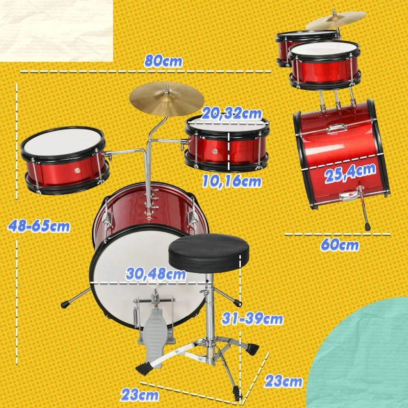 AIYAPLAY Bateria para Crianças de +3 Anos com Banco Ajustável Tambores Bombo Prato Pedal e Baquetas 80x60x48-65 cm Vermelho