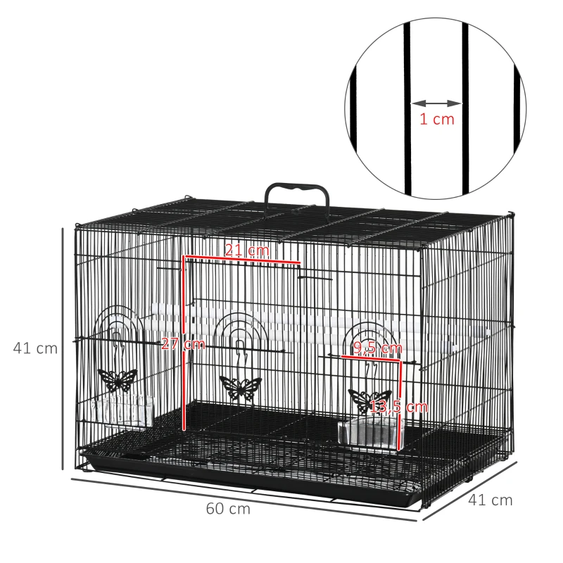PawHut Gaiola para Pássaros 60x41x41cm Gaiola com 2 Poleiros e 3 Portas para Pássaros Pequenos Canários Preto