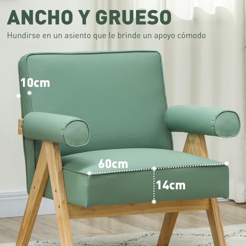 HOMCOM Sillón de Salón Tapizado en PU con Reposabrazos y Marco de Madera de Caucho para Dormitorio Carga 120 kg Verde